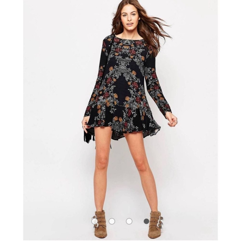 Free people smooth talker tunic dress black white red yellow floral print